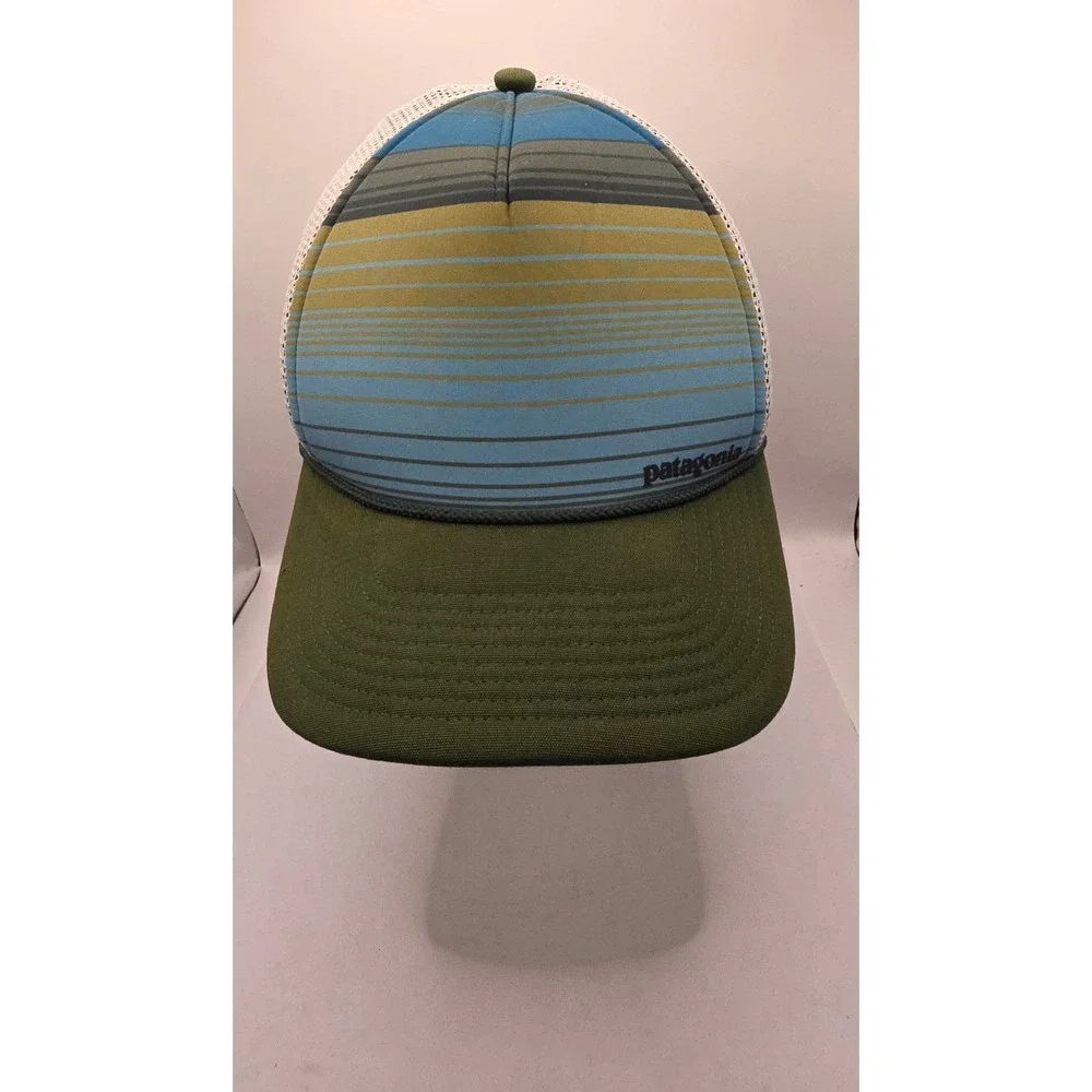 Patagonia Striped Mesh Trucker Hat Green Blue Yellow Adult Strapback Cap
